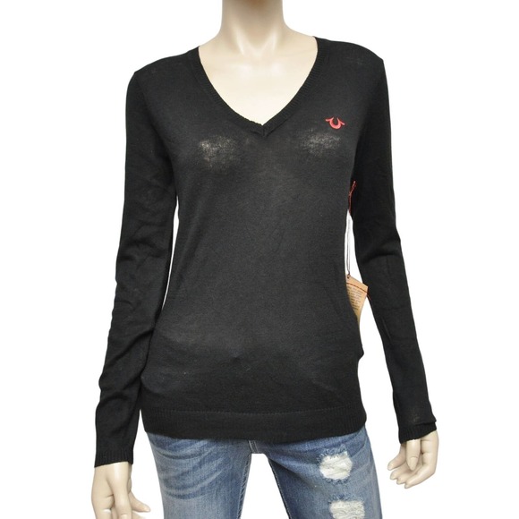 True Religion Embroidery U V-Neck Cotton/Cashmere Sweater Black XS Nwt $178 - Picture 1 of 8